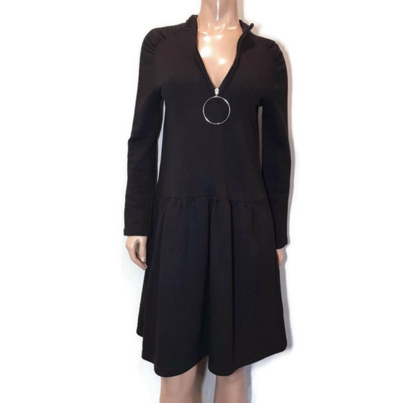 ZARA Long Sleeve Sweater Dress Big Hoop Zipper Ruched Vneck Black - Picture 7 of 7